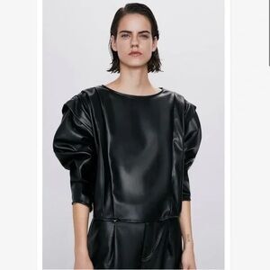 Zara Ruffled Faux Leather Long Sleeve Goth Grunge Futuristic Top in Black, Sz S